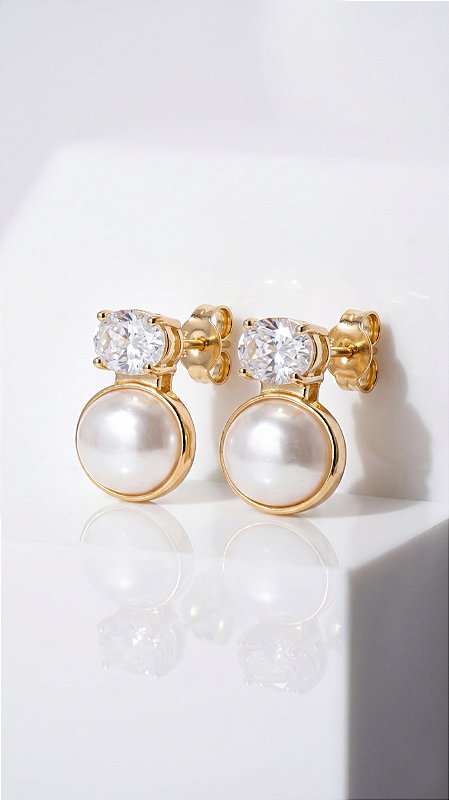 Brinco Pérola Composê Zircônia Banho Ouro 18K