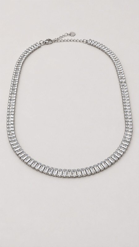 Colar Riviera Baguete Zircônias 6mm 2 Pontas Banho Ródio Aço
