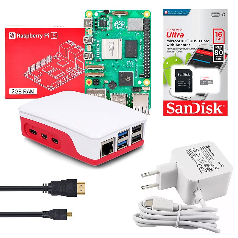 Red Rasberry Pi Kit Raspberry Pi 5 2GB Oficial microSD 16GB - Orix Tecnologia