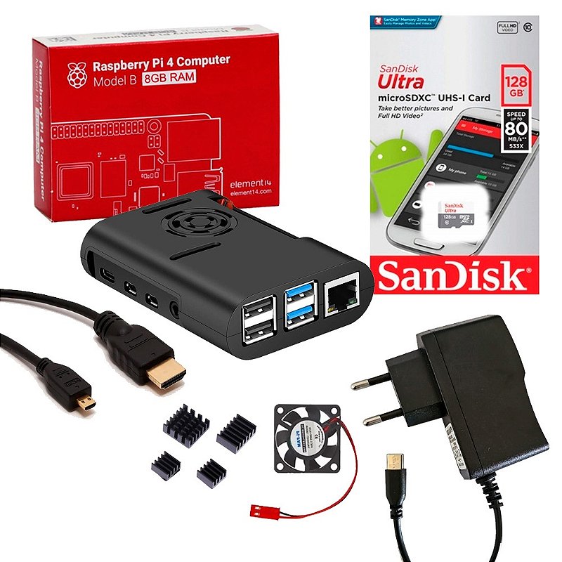 Kit Raspberry Pi 4 8GB microSD 128GB Case Cooler Dissipadores