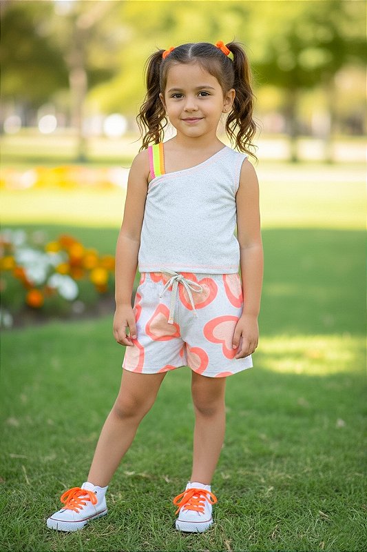 Conjunto Short Corações Laranja