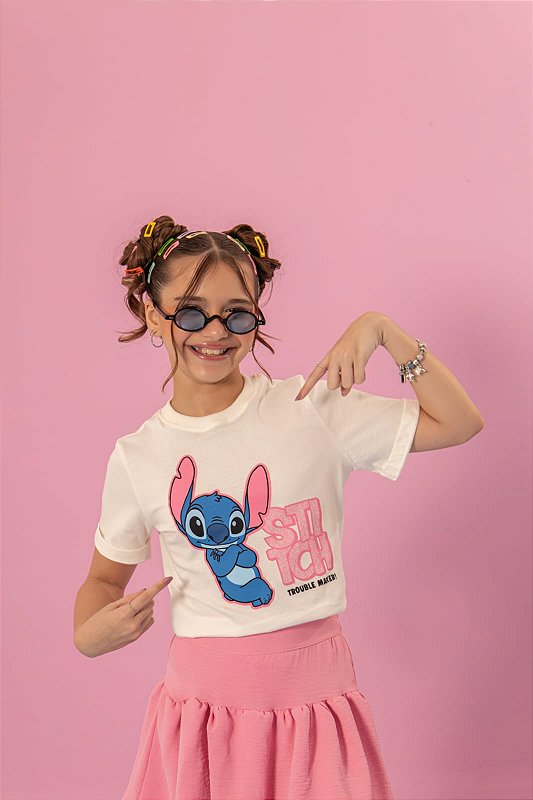 Conjunto Stitch saia Balonê Rosa