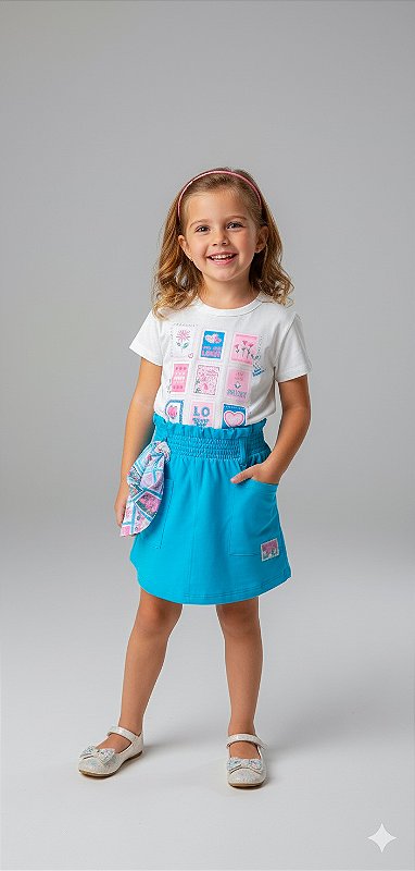 Conj Blusa e Short/saia Natural/Azul Hawai