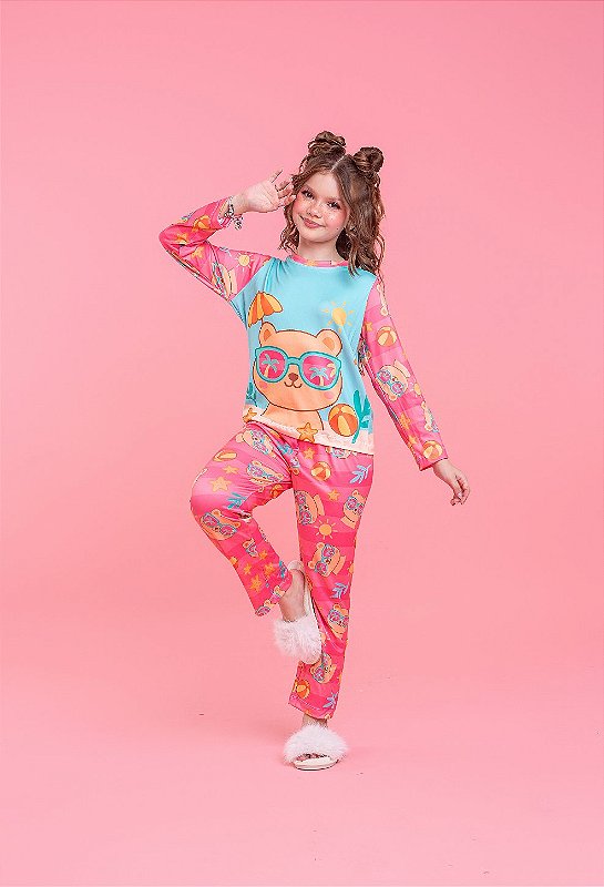 Pijama Suede Manga Longa Ursinha Praia Azul