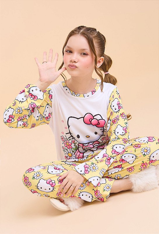 Pijama Hello Kitty Suede Manga Longa Amarelo