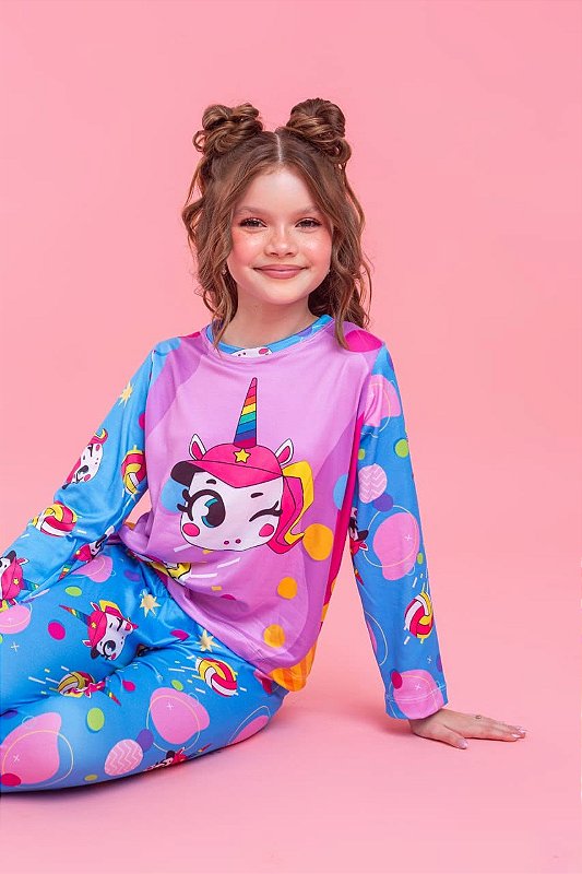Pijama Longo Suede Unicórnio Azul Menina