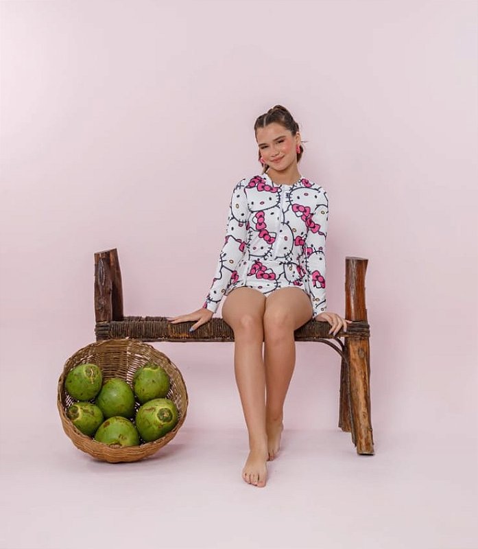 Maiô Manga Longa Hello Kitty Bebê