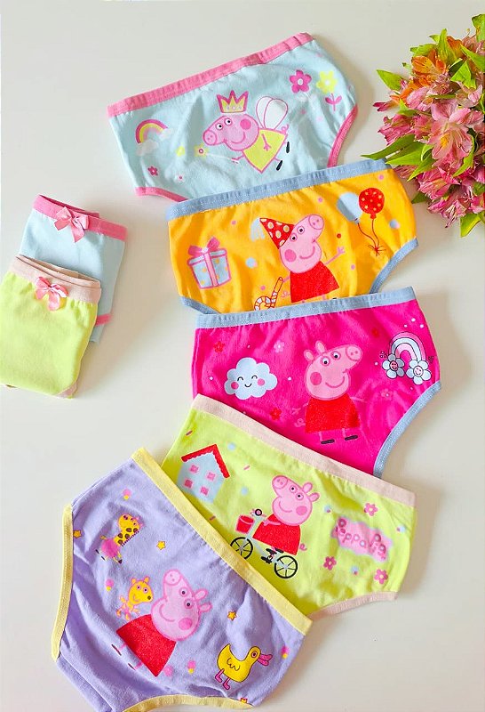 Kit 5 Calcinhas Infantis Menina Peppa Pig em Malha de Algodão Premium