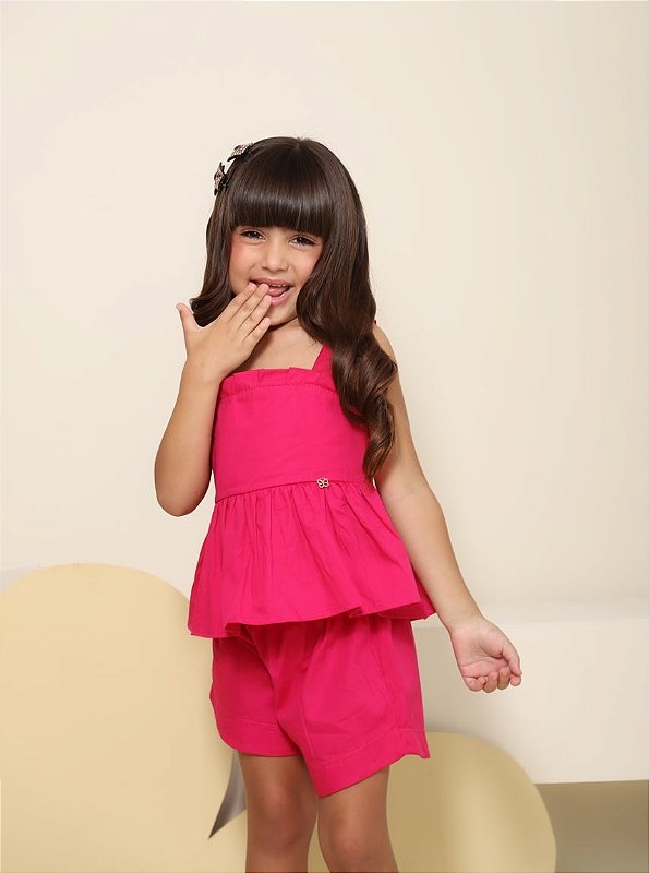Conjunto Infantil Menina Blusa Peplum e Short em Algodão Pink