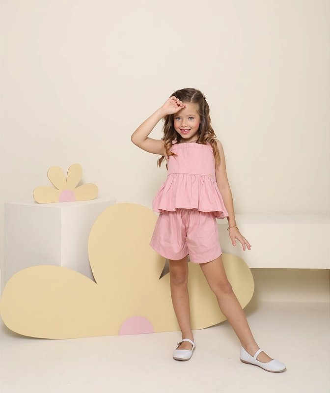 Conjunto Infantil Menina Blusa Peplum e Short em Algodão Rose