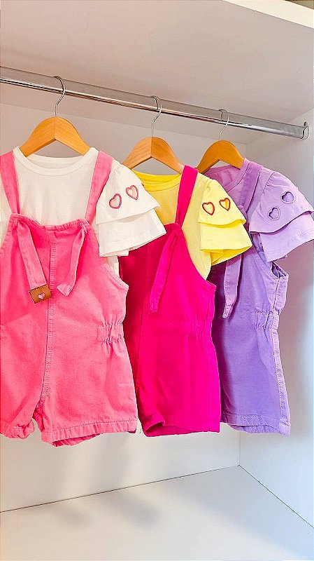 Jardineira Infantil Valen em Sarja + Camiseta de Malha de Algodão