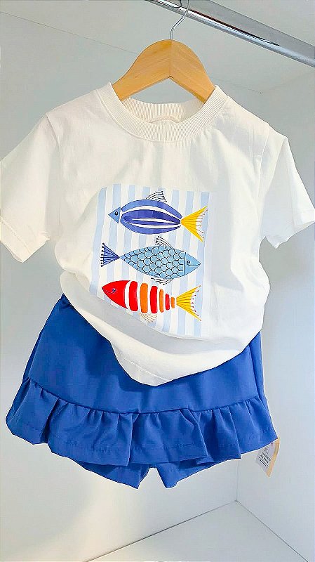 Conjunto Infantil Feminino Bela Peixinhos – Camiseta e Short-Saia Azul