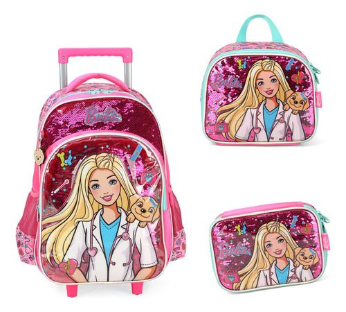 Kit Mochila Rodinhas Original Barbie Pet Veterinária Serra Bags