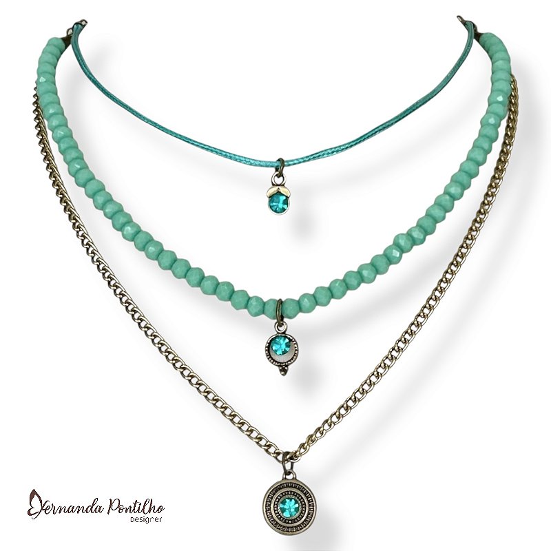 COLAR CURTO 3 VOLTAS CRISTAIS TURQUESA 11589