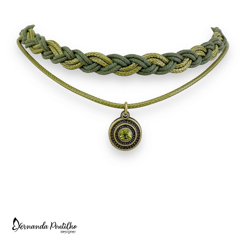 CHOCKER 2 VOLTAS MANDALINHA DE STRASS E TRANÇA VERDE 11836