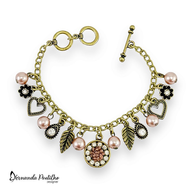 PULSEIRA COM BERLOQUES E CASCALHO ROSÊ 10708