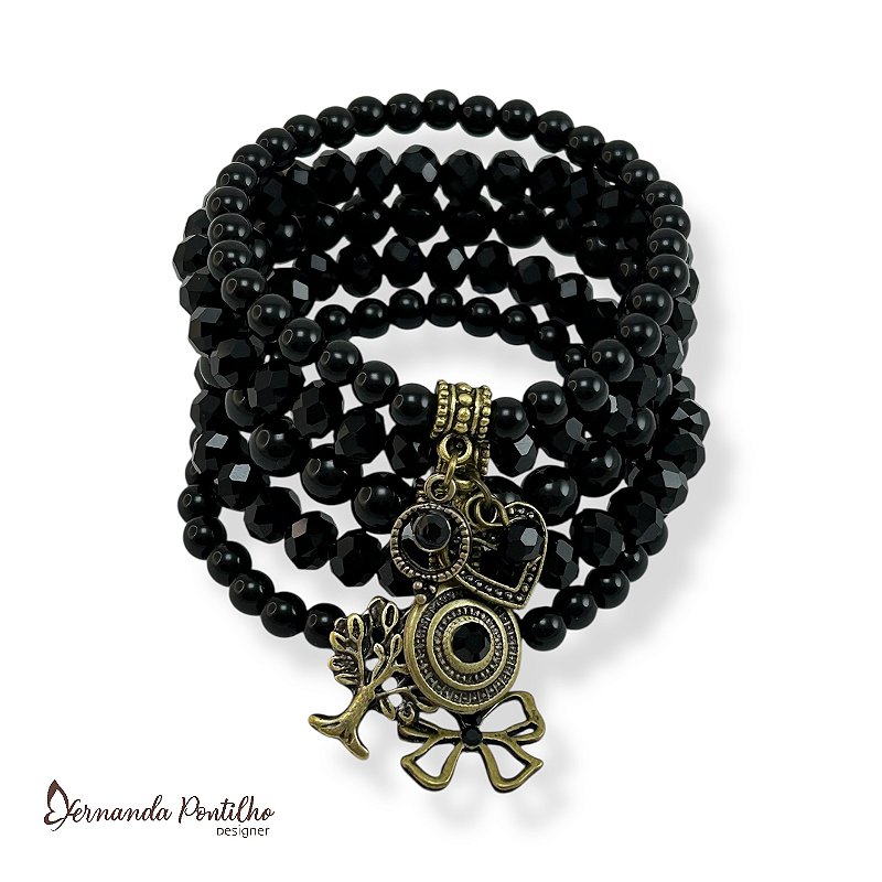 KIT 5 PULSEIRAS DE BOLAS CRISTAIS E BERLOQUES PRETO 11625