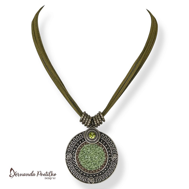 COLAR CURTO CORDÃO E MANDALA CASCALHO VERDE MILITAR 11880