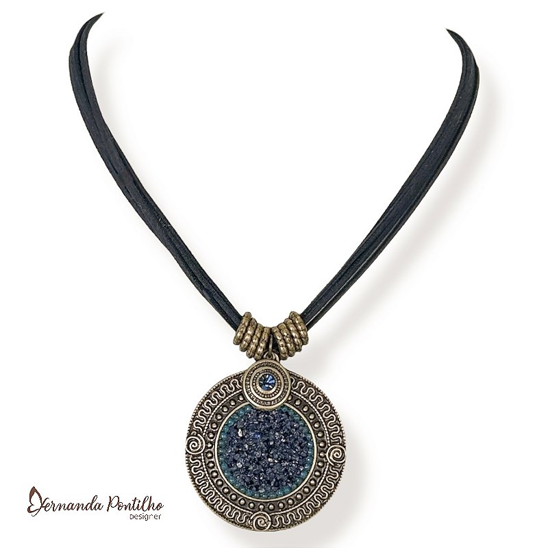 COLAR CURTO CORDÕES E MANDALA CASCALHO AZUL MARINHO 11989