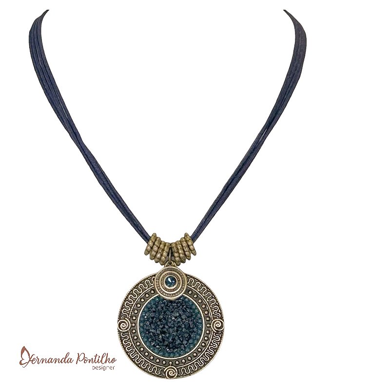 Colar curto c/ cordão, mandala c/ cascalho e pto de luz - azul marinho 11989