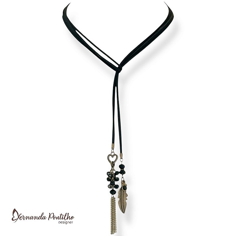 COLAR DE AMARRAÇÃO CODÃO, CRISTAIS E BERLOQUES PRETO 12045