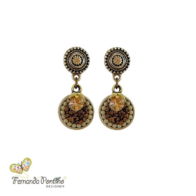 BRINCO CHAPINHA CASCALHO BEGE MARROM E DOURADO 12210
