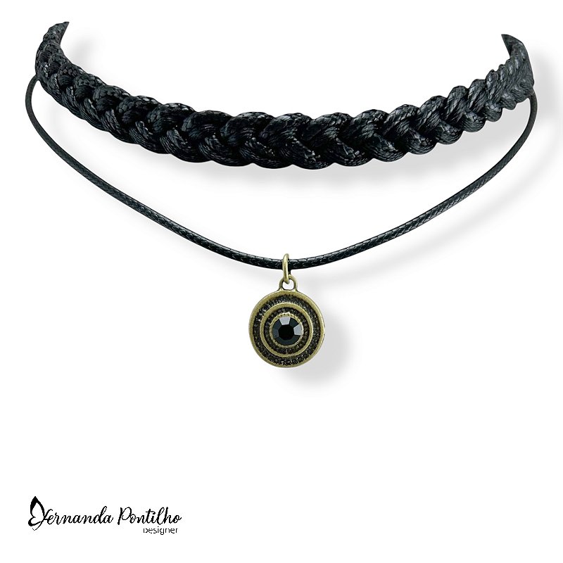 CHOCKER 2 VOLTAS TRANÇA E MANDALINHA C/ STRASS PRETO 12215