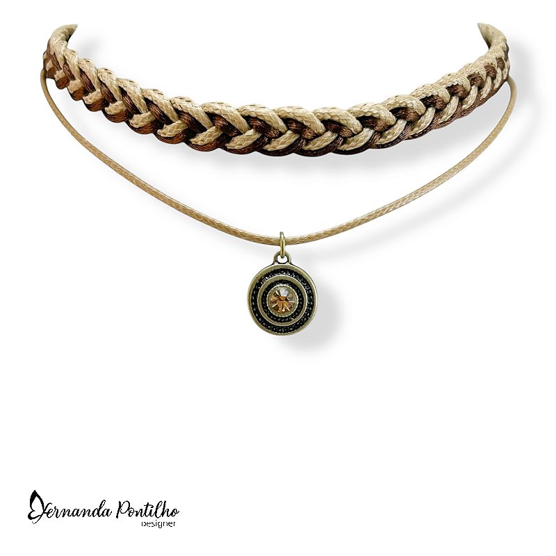 CHOCKER 2 VOLTAS TRANÇA E MANDALINHA C/ STRASS BEGE DOURADO 12214