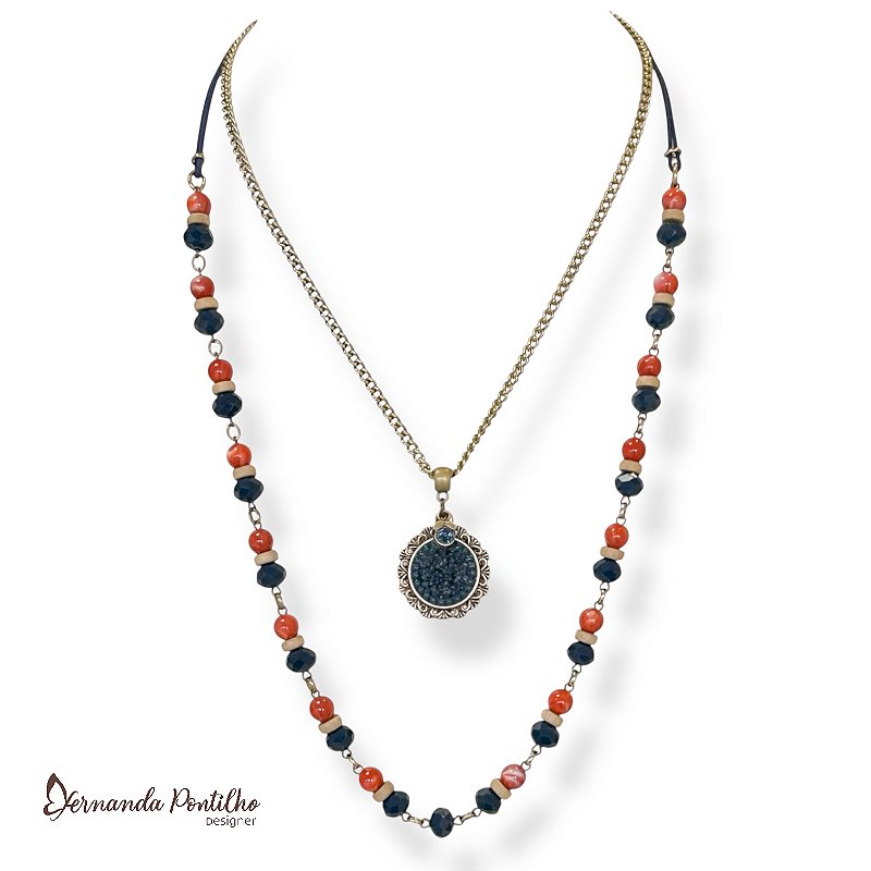 Colar médio 2 voltas c/ cristais, contas e mandala c/ cascalho e pto de luz - marinho, bege e terracota 11884
