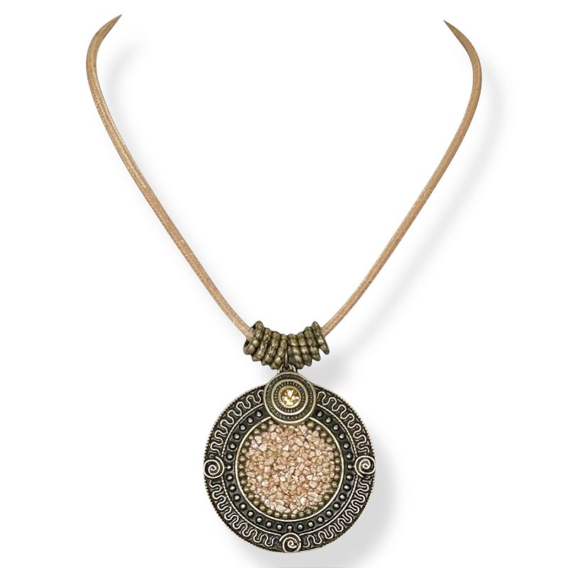 Colar curto c/ cordão, mandala c/ cascalho e pto de luz - bege e dourado 11648