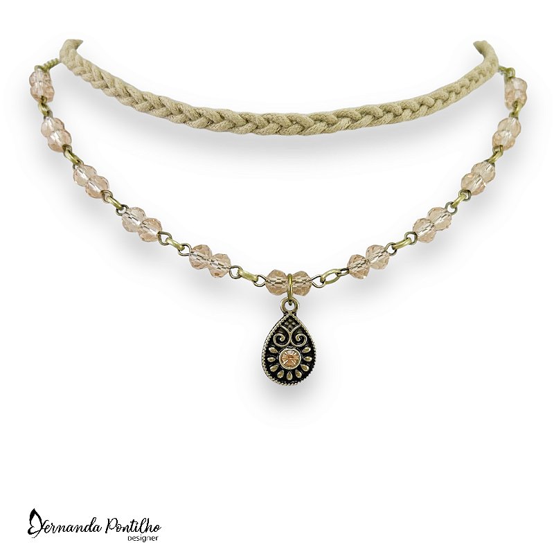 CHOCKER 2 VOLTAS TRANÇA CRISTAIS STRASS BEGE E DOURADO 12343