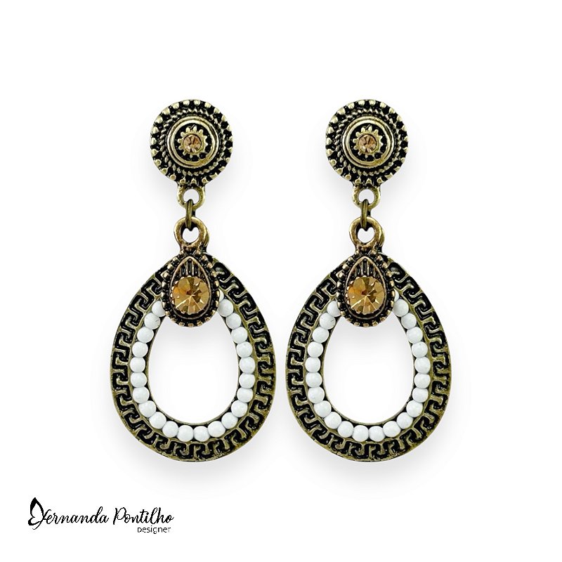 Brinco gota e pto de luz - branco e dourado 12406