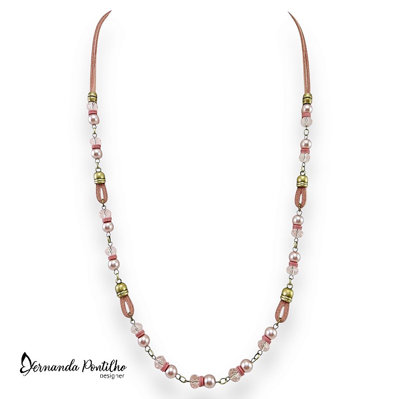 COLAR MÉDIO CORDÃO, CRISTAIS E PÉROLAS - ROSÊ 12468