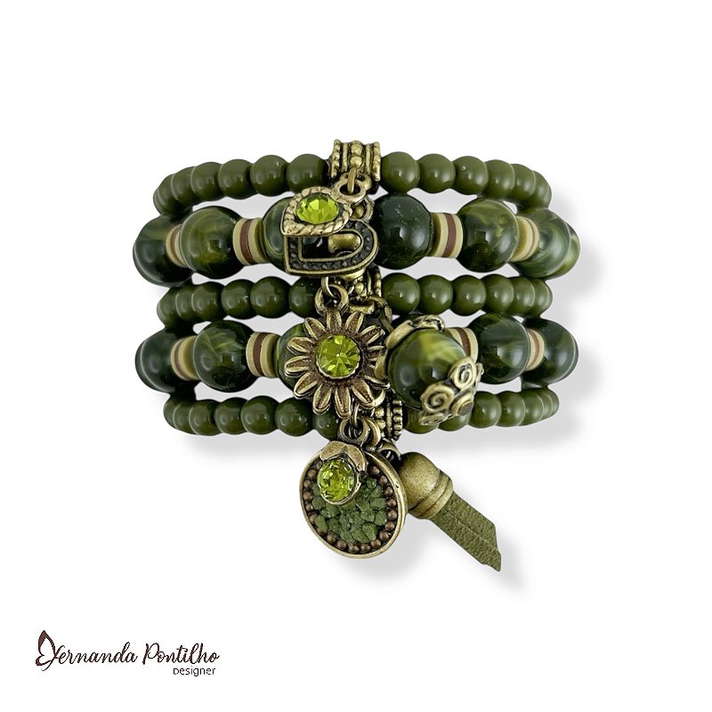 KIT C/ 5 PULSEIRAS DE BOLAS, CONTAS E BERLOQUES VERDE OLIVA 12490