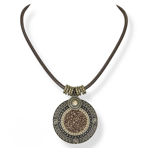 Colar curto c/ cordão, mandala c/ cascalho e pto de luz - marrom 12330