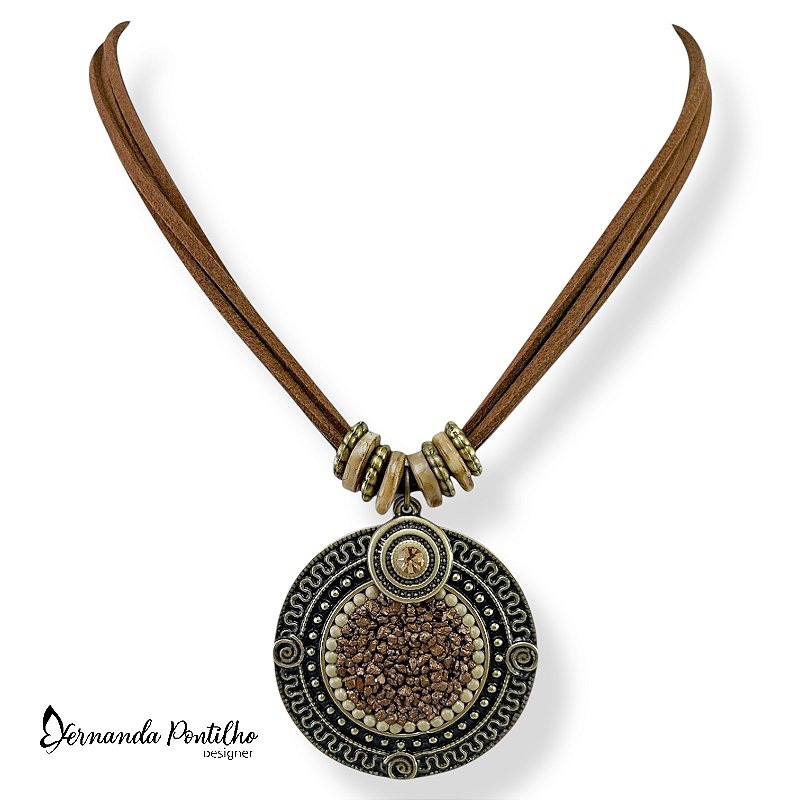 COLAR CURTO CORDÃO E MANDALA CASCALHO MARROM 12330