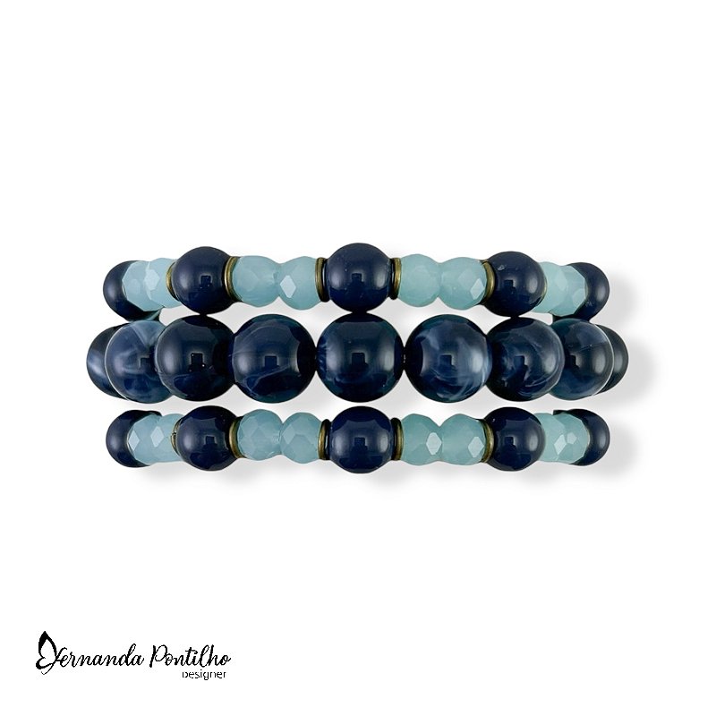 KIT C/ 3 PULSEIRAS DE CRISTAIS E BOLAS AZUL MARINHO E AQUAMARINE 12500