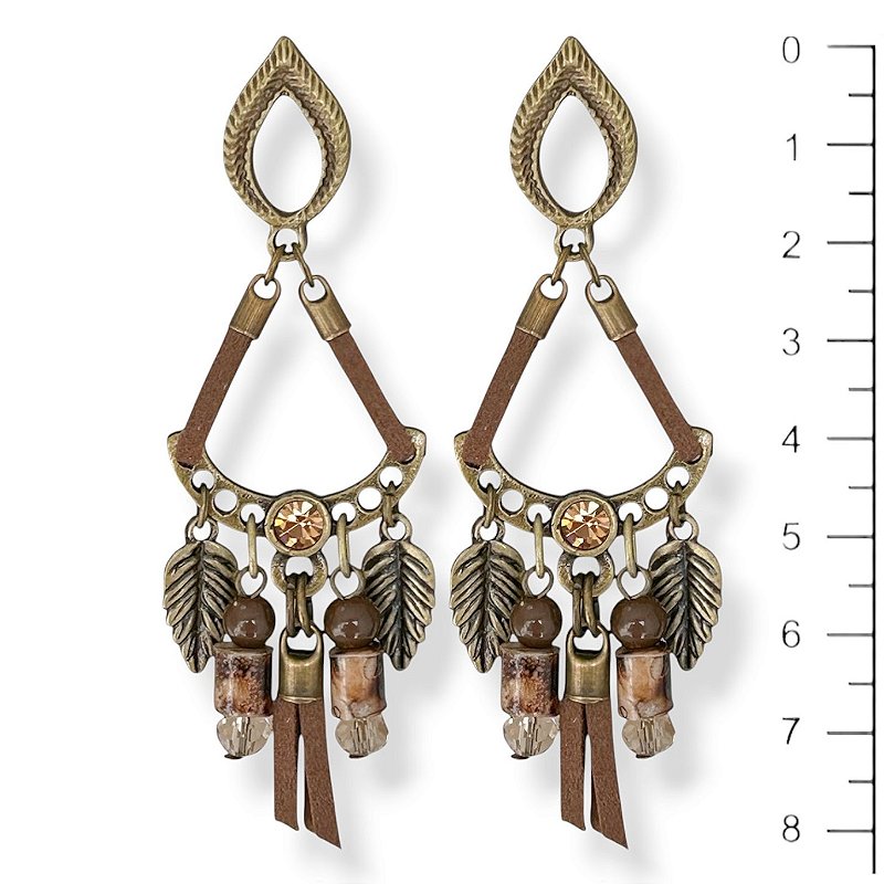 Brinco arco c/ cordão, contas e folhinhas - marrom 12511
