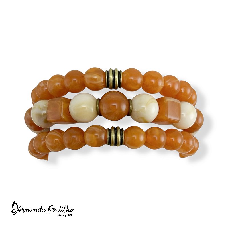 Kit c/ 3 pulseiras de bolas e quadradinhos de resina - terracota e off white 12552