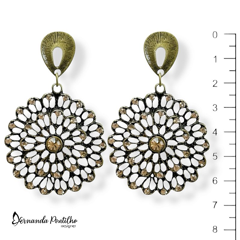 BRINCO MANDALA FLOR C/ STRASS DOURADO 12532