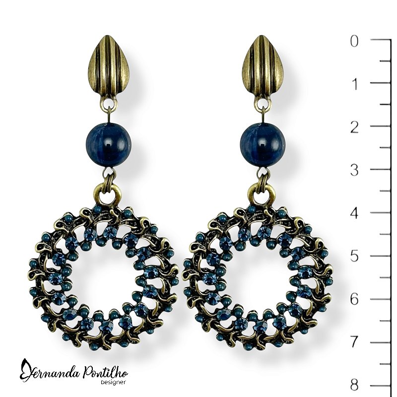 BRINCO BOLA MESCLADA E MANDALA C/ STRASS - AZUL MARINHO 12537