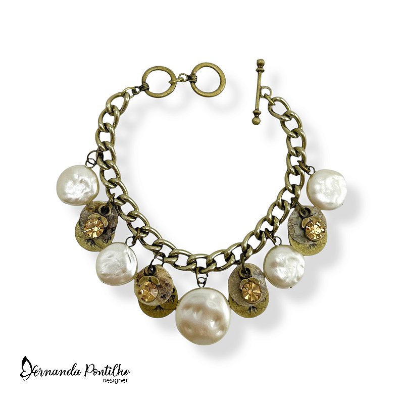 PULSEIRA C/ PÉROLAS, MADREPÉROLAS E BERLOQUES DOURADOS 12567