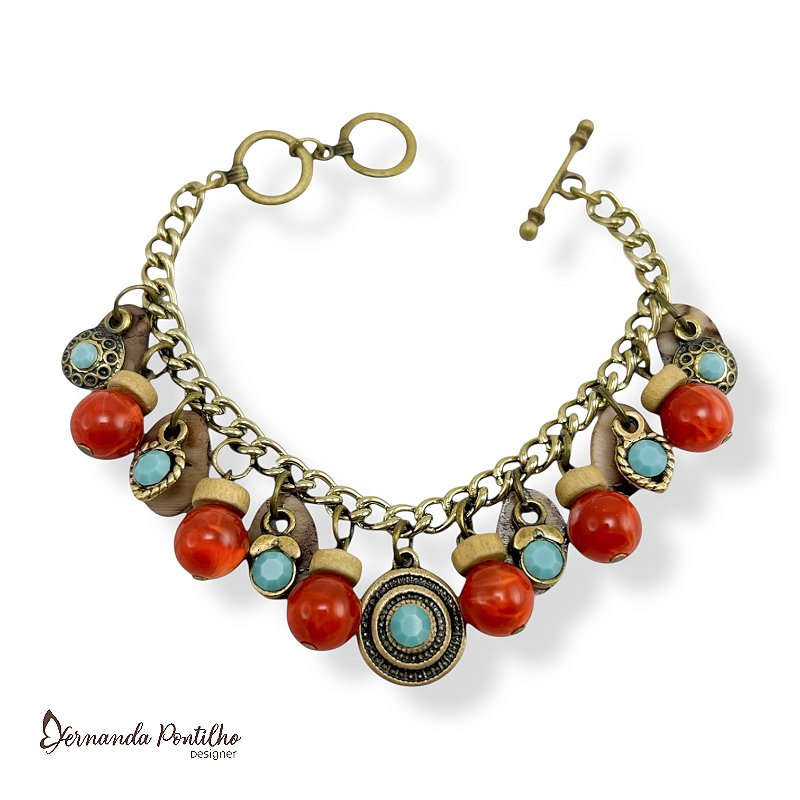 PULSEIRA C/ BOLAS, BERLOQUES E PTOS DE LUZ - CORAL E TURQUESA 12584