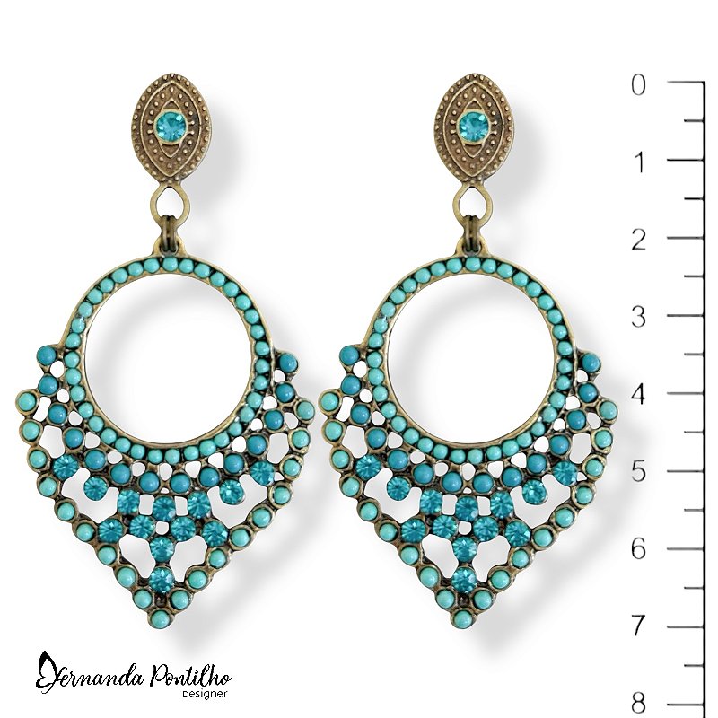 BRINCO ARGOLA V CUSTOMIZADO C/ BOLINHAS E STRASS TURQUESA 12598