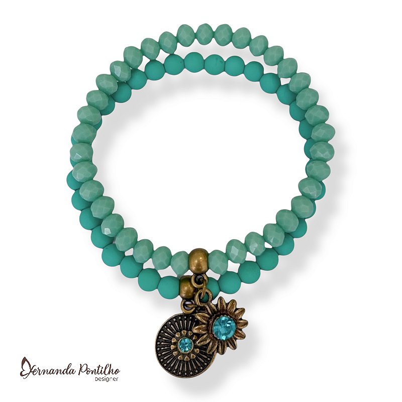 KIT C/ 2 PULSEIRAS DE CRISTAIS, BOLAS E BERLOQUES C/ STRASS TURQUESA 12601