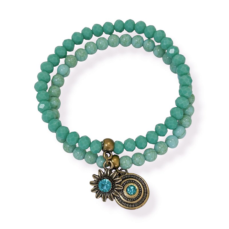 KIT C/ 2 PULSEIRAS DE CRISTAIS, BOLAS E BERLOQUES C/ STRASS TURQUESA 12601