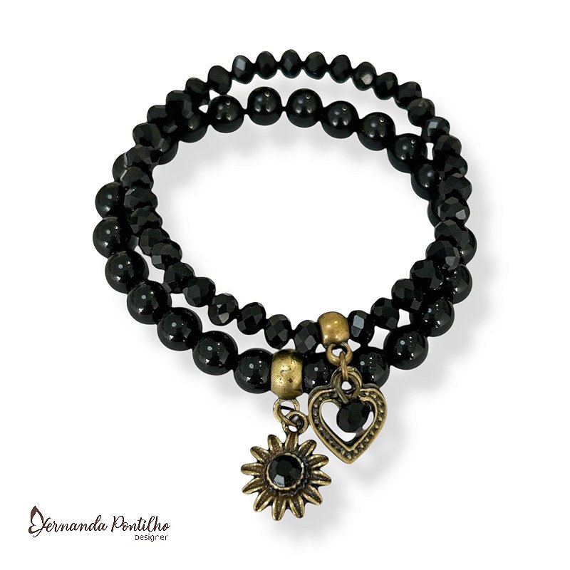 Kit c/ 2 pulseiras de bolas, cristais e berloques - preto 12602