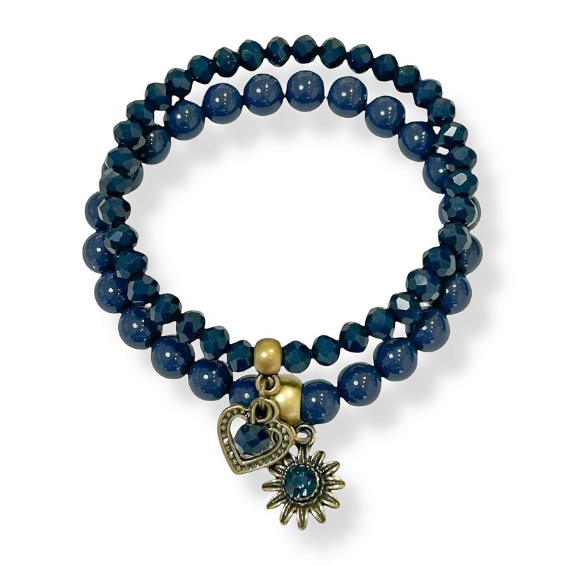 KIT C/ 2 PULSEIRAS DE CRISTAIS, BOLAS E BERLOQUES C/ STRASS - AZUL MARINHO 12603