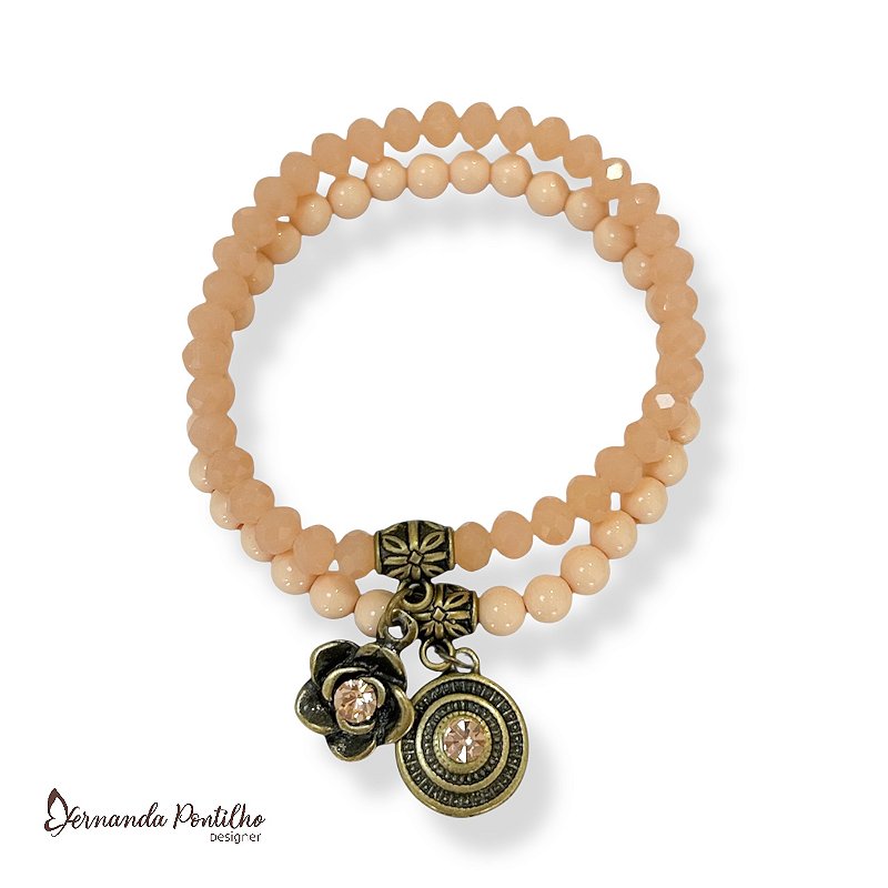 Kit c/ 2 pulseiras de bolas, cristais e berloques - Salmão 12604