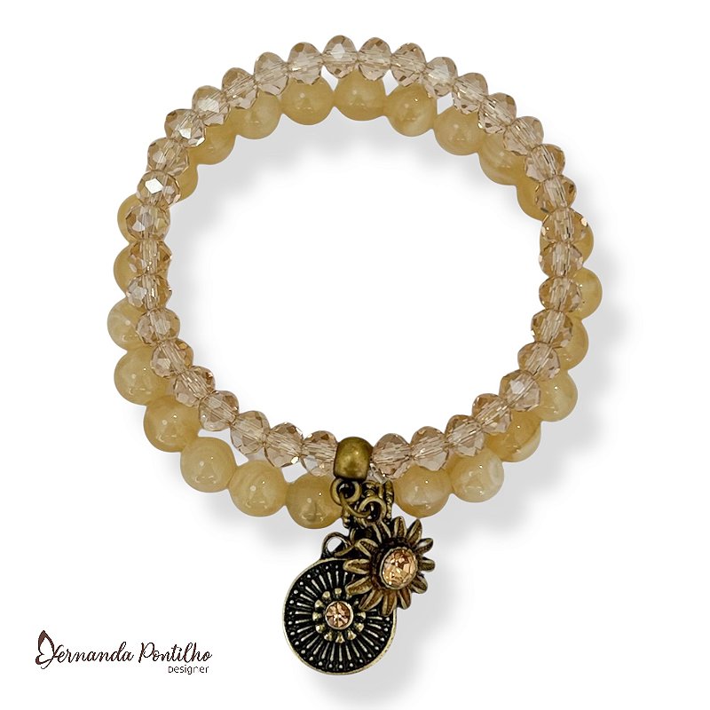 KIT C/ 2 PULSEIRAS DE CRISTAIS, BOLAS E BERLOQUES C/ STRASS BEGE E DOURADO 12605